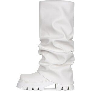 Women's White Leather Glitter Metallic Wide Calf Pleated Fold Over Mid Calf Boot